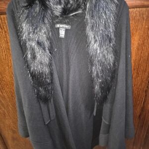 INC International Concepts Black Cardigan with Faux Fur Collar